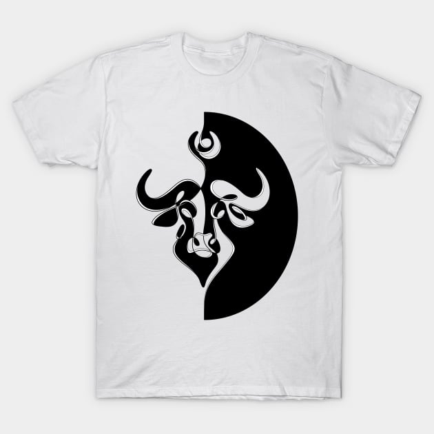 Minimalistic Continuous Line Bull Portrait (black and white colorblock) T-Shirt by lissantee